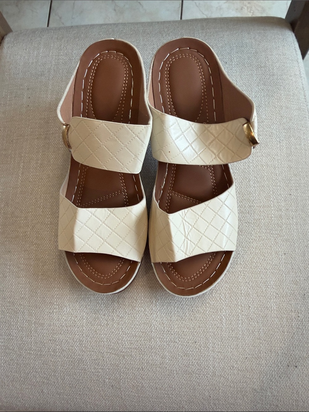 Women’s Quilted Cream Slide Sandals with Gold Accent